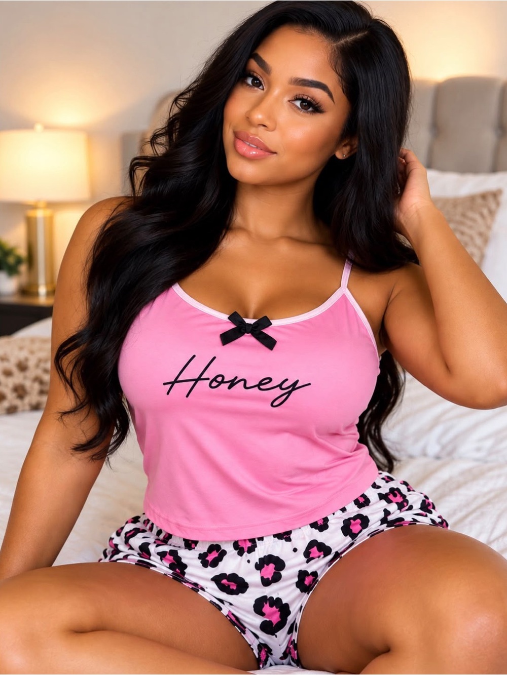 SHEIN Pink 'Honey' Cami & Pink Leopard Print Shorts Sleep Set